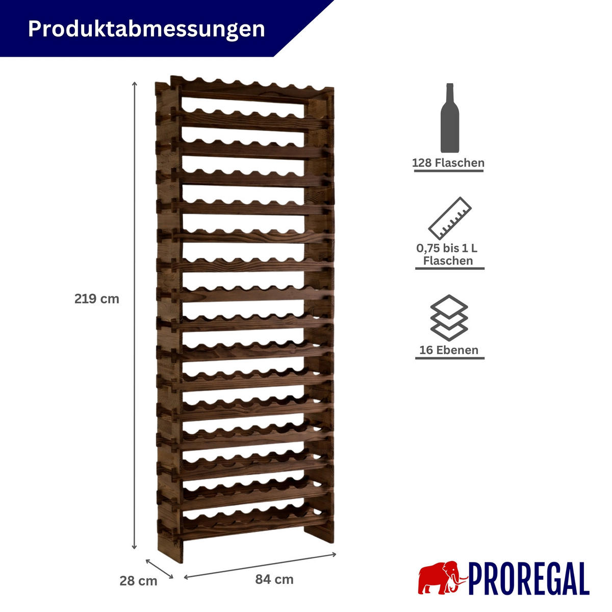 WEINREGAL NAVARRA aus Holz 219x84x28cm 128 Flaschen auf 16 Ebenen Braun geölt - Braun, Holz (84/219/28cm) - PROREGAL