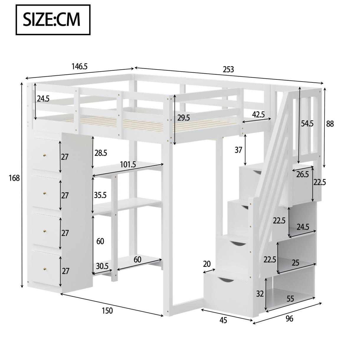 VISOKI krevet 140/200 cm s velikim ladicama i policama, sigurnosnim usponom, Bijela - bijela, drvni materijal (140/200cm) - Redom