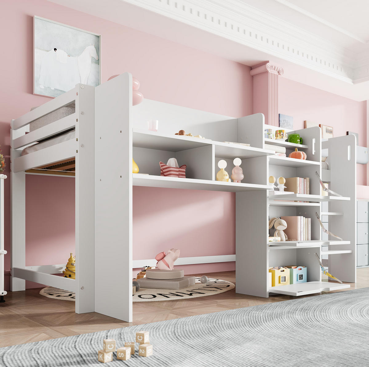 HALBHOHES Bett 90/200 cm weiß aus Kiefer mit Stauraum - Weiß, Holz (90/200cm) - OKWISH