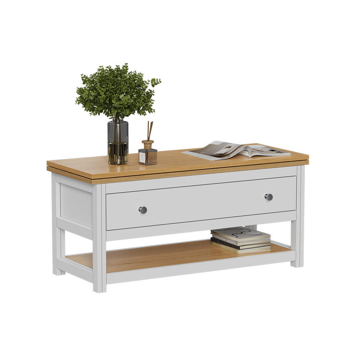 COUCHTISCH Vikla Weiß/Eiche 100 x 40 cm mit ausklappbarer Tischplatte - Weiß, Holzwerkstoff (40/100/44.5cm) - Vicco