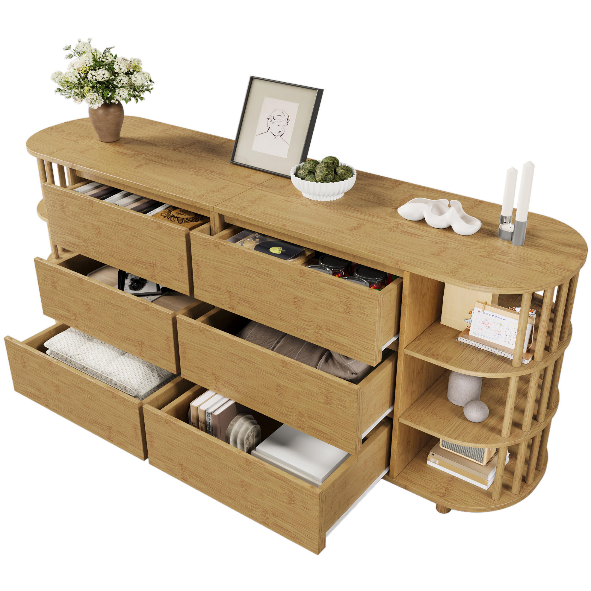 Modfu KOMODA z MDF a bambusu 160x75x40 cm dubová se 6 zásuvkami, otevřenými policemi a nastavitelnými nohami
