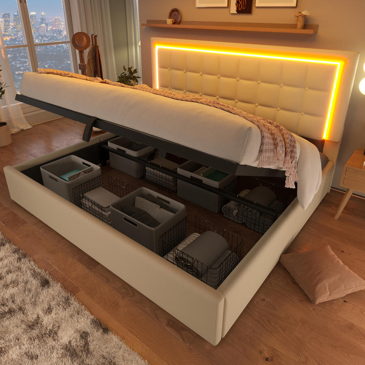 STAURAUMBETT 180/200 cm DE-00332, in Weiß, Hydraulische Stützstangen - Weiß, Metall (180/200cm) - ComfortXL