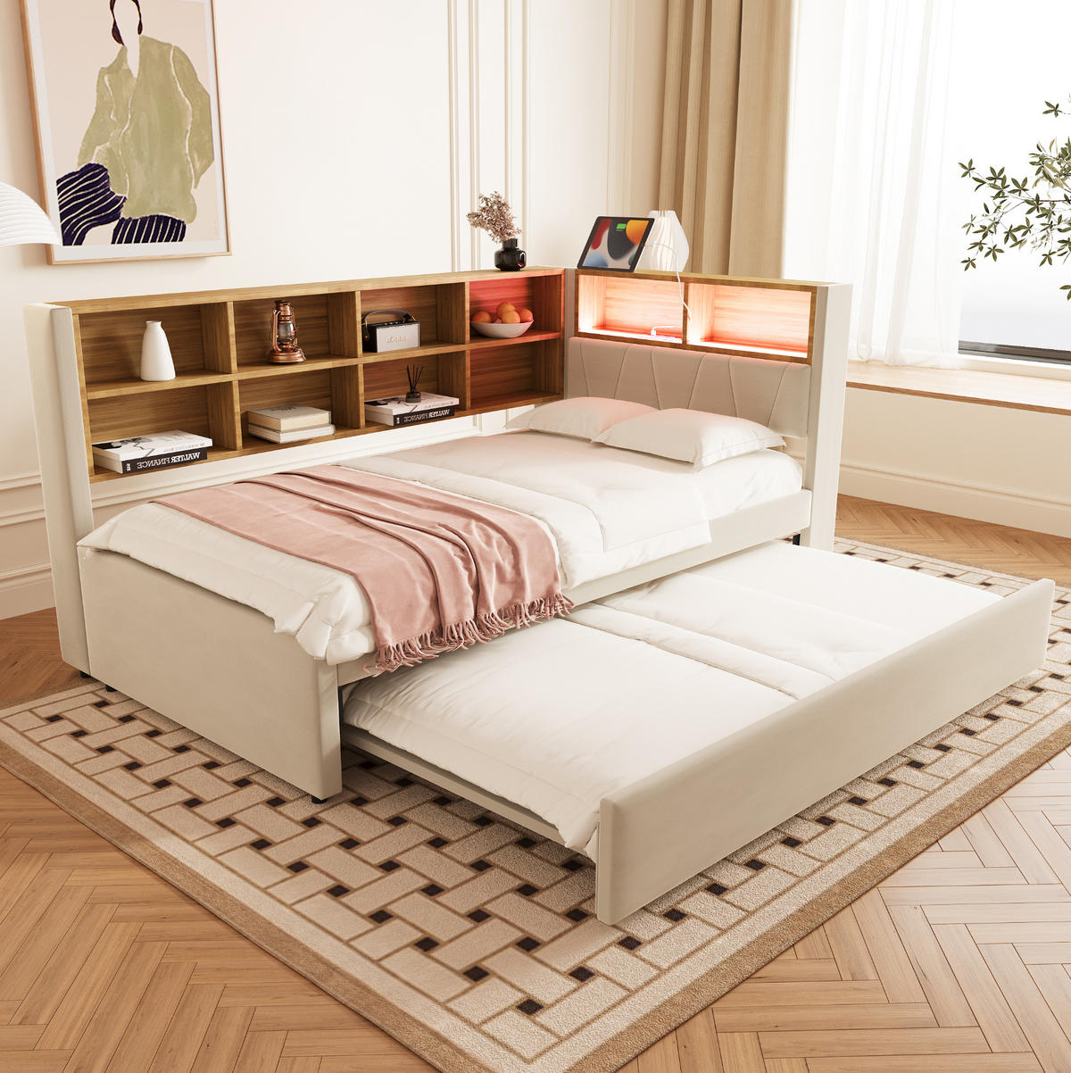 SCHLAFSOFA 90/200 cm mit Ausziehbett 90/190 cm, LED, USB- und Type-C-Anschluss, Stauraum, Flanell, Beige - Beige, Textil (103/98/213cm) - Redom