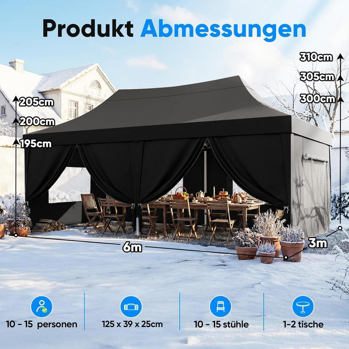 FALTPAVILLON 3x6m wasserdicht mit Seitenwänden UV-Schutz 50+ Stahlrahmen Schwarz - Schwarz, Textil (585/310/293cm)