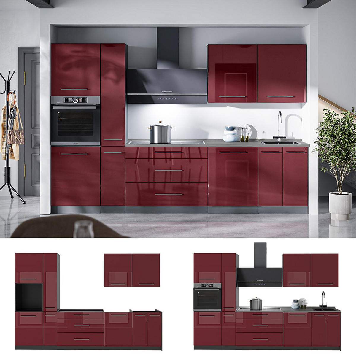 KUCHYŇSKÝ KOUT Fame-Line, Bordó červená vysoký lesk/Antracit, 310 cm, PD Mramor - bordeaux/antracitová, kompozitní dřevo (310/206.8/60cm) - Vicco