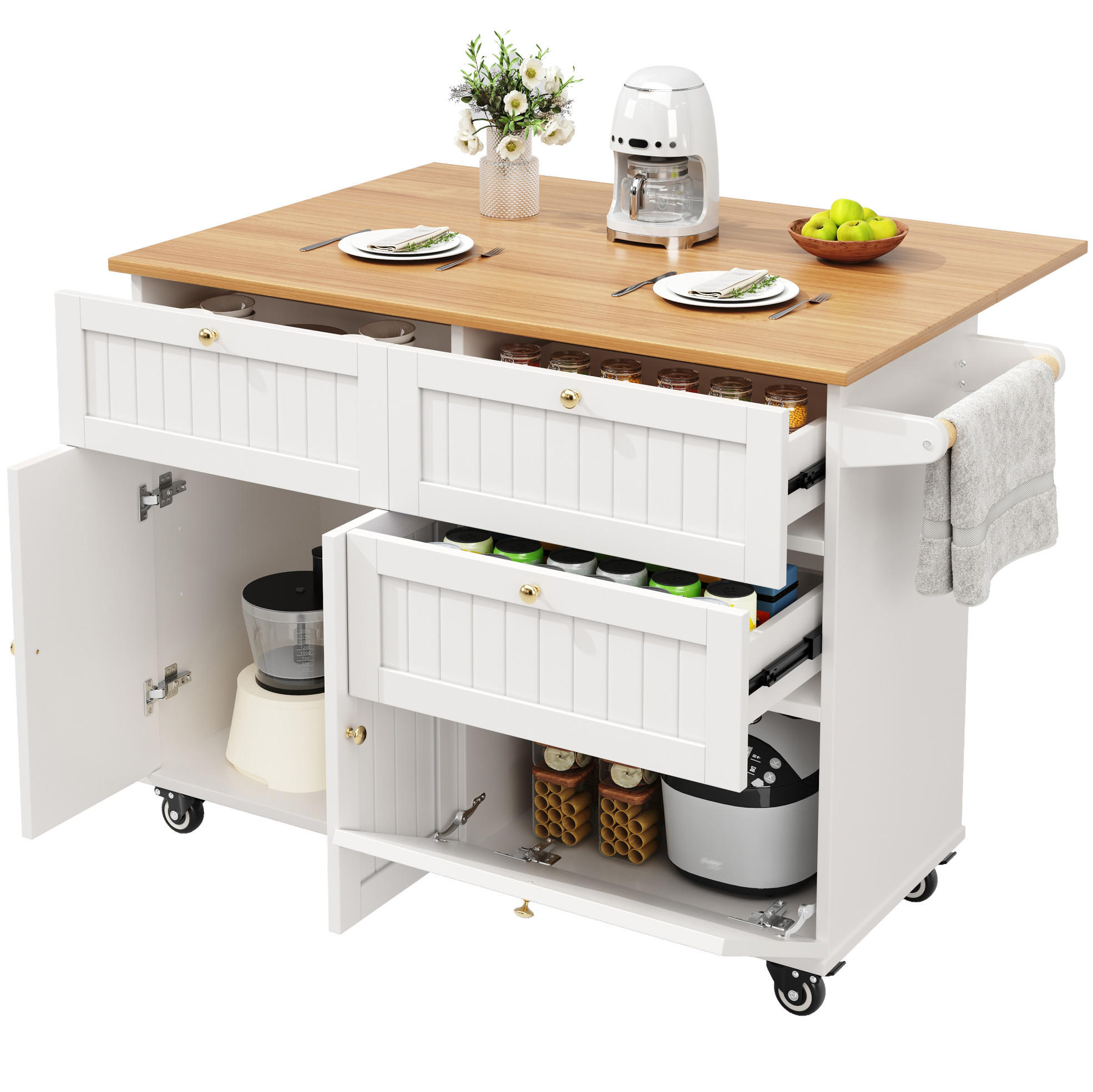 KÜCHENINSEL 133/70/88 cm Weiß aus MDF mit Klappfunktion - Weiß, Holzwerkstoff (37/88/133cm) - OKMYHOME