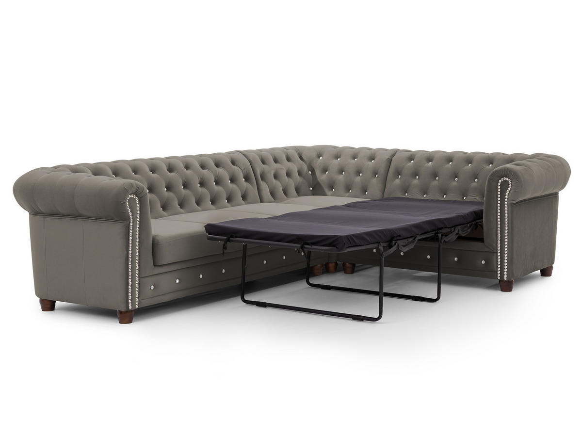 ECKSOFA mit Schlaffunktion Chesterfield Grau Samt mit Kristallsteppung und braunen Massivholzfüßen - Ottomane Rechts - Braun/Grau, Holz/Textil (264/210cm) - S-Style Möbel