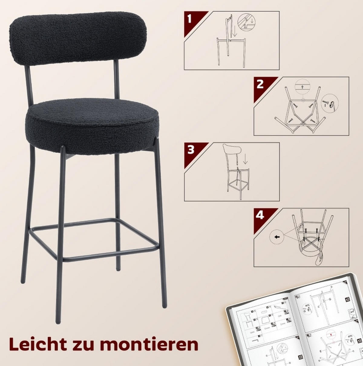 BARHOCKER 2er-Set mit Fleece-Bezug, gepolstertem Sitz und Fußstütze, Schwarz - Schwarz, Metall (49/95/52cm) - MIVRAY