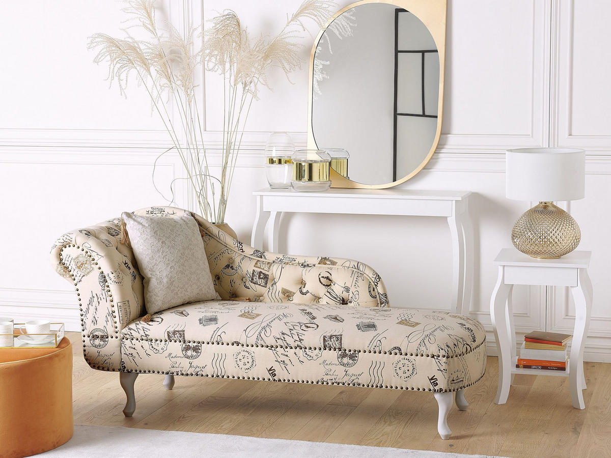 CHAISELONGUE Polsterbezug beige Druckstoff linksseitig Nimes - Beige/Weiß, Textil (170/79/61cm) - Beliani