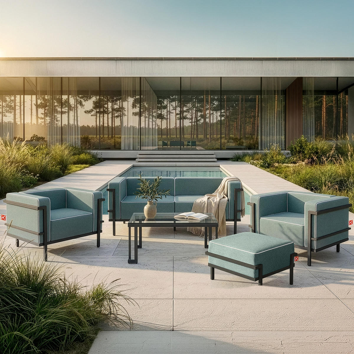GARTENLOUNGE-HOCKER TRIGLO auf Metallfüßen, Modern, Dunkelgrau - Dunkelgrün/Dunkelgrau, Textil/Metall (69/44/54cm) - KONSIMO®