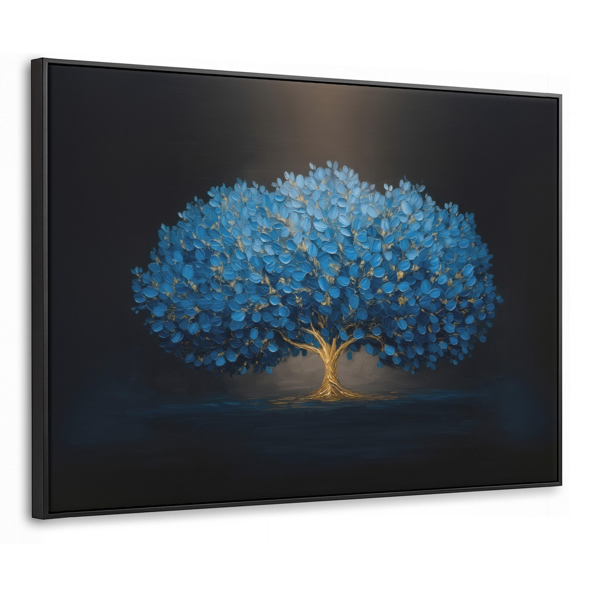 LEINWAND Bilder mit Rahmen - Baum - Blau - Blätter - Pinselstriche - 100x70 - Blau, Textil (100/70cm) - MuchoWow