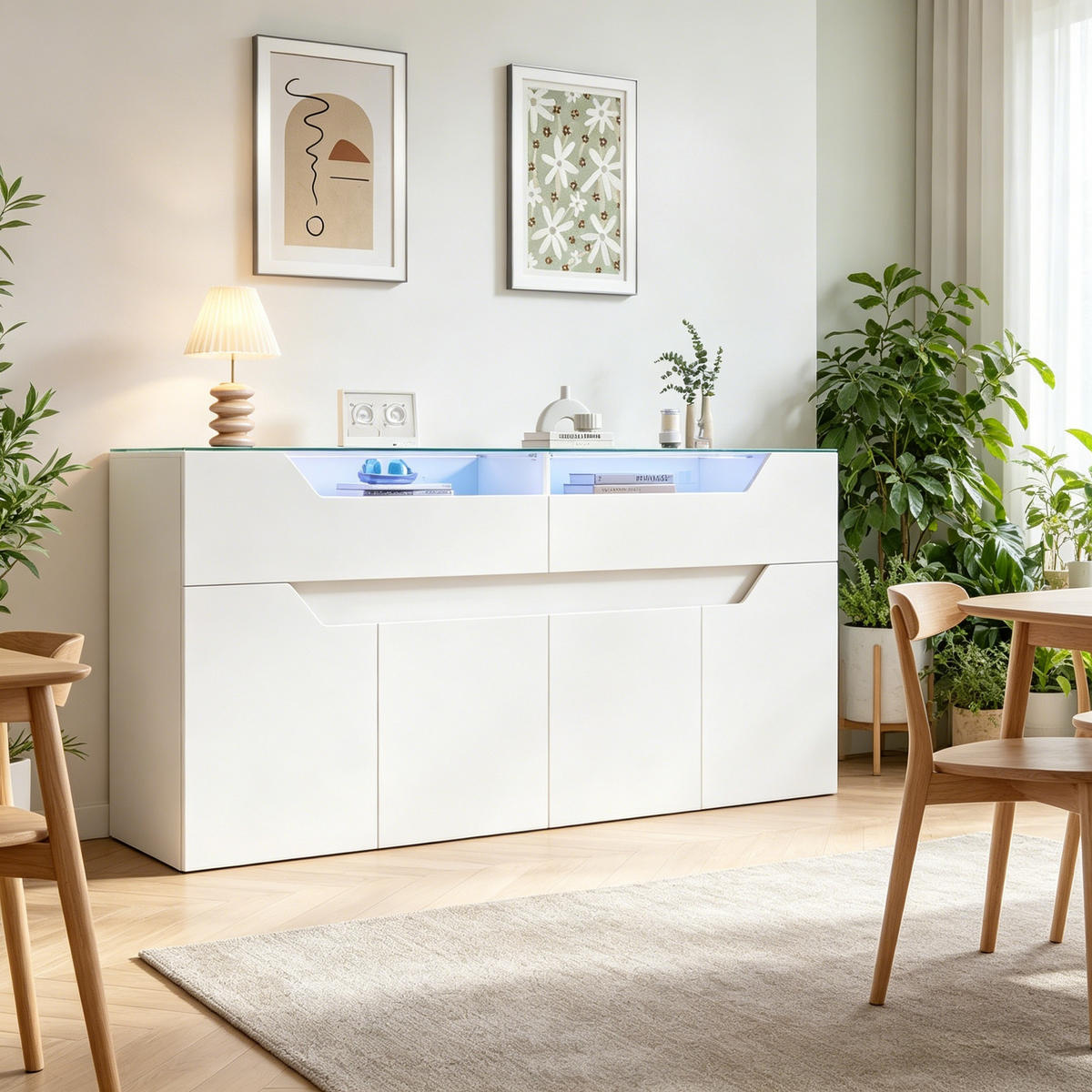 SIDEBOARD Weiß MDF 2 Schubladen Glasplatte 140cm Modern - Weiß, Holzwerkstoff (140/70/40cm) - FLIEKS