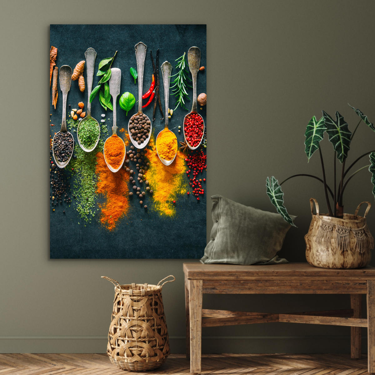 METALLBILD Kräuter - Gewürze - Löffel 60x90 cm - Currygelb, Metall (60/90cm) - MuchoWow