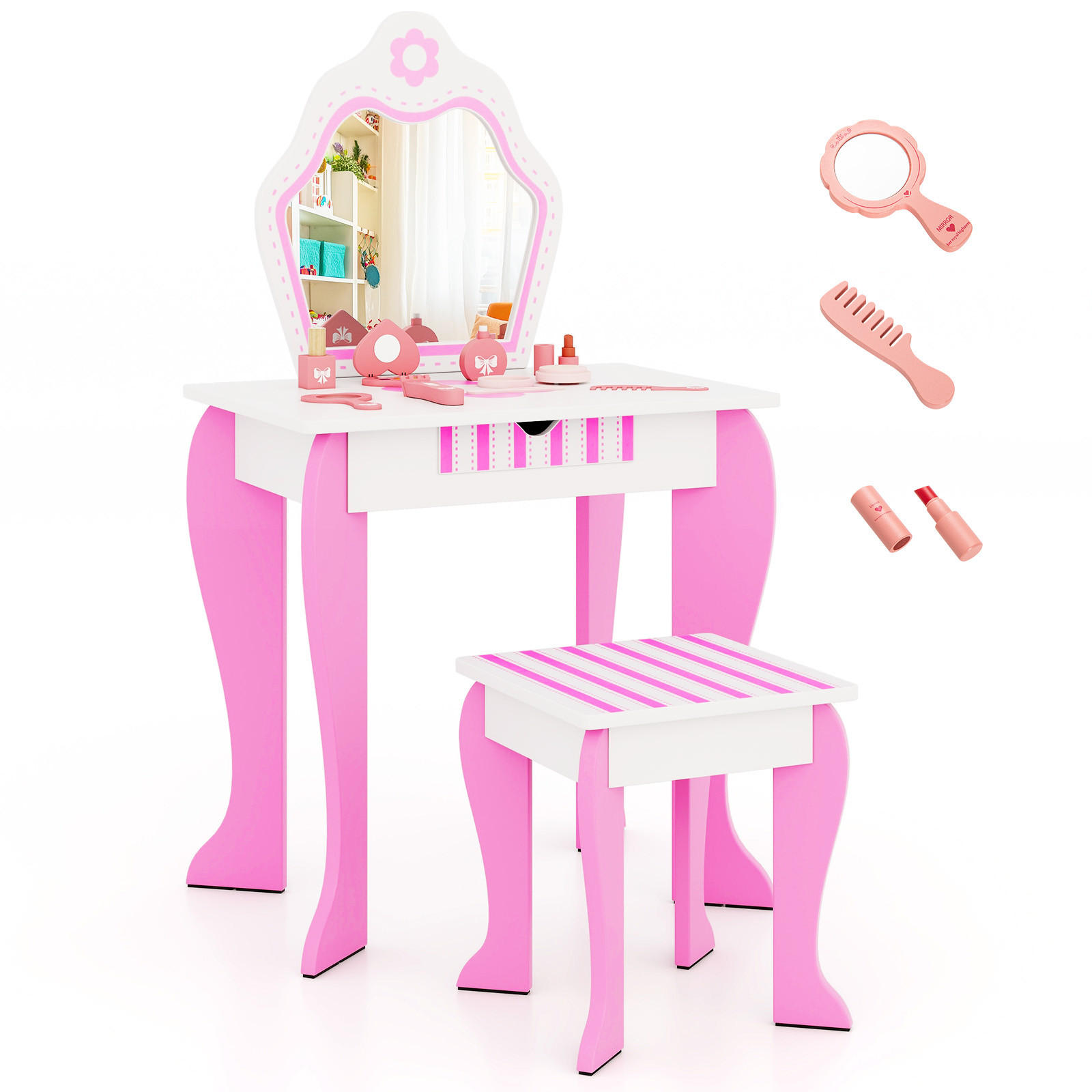 KINDER SCHMINKTISCH Set Weiß - Weiß, Holz (34/87/49cm) - COSTWAY