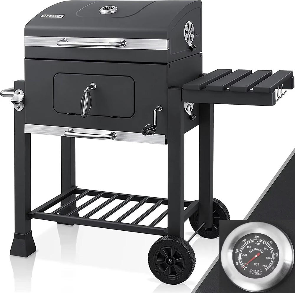 HOLZKOHLEGRILL BBQ für 5–10 Personen mit 2 Rädern - Schwarz, Metall (116/82.6/55.7cm) - Kaket