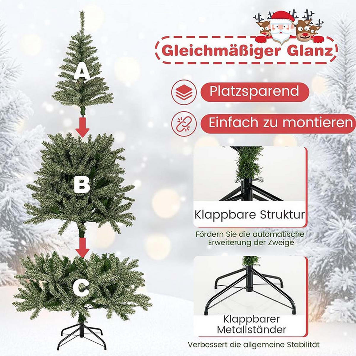 WEIHNACHTSBAUM im Dunkeln leuchtend 180cm Grün - Grün, Metall (180cm) - COSTWAY