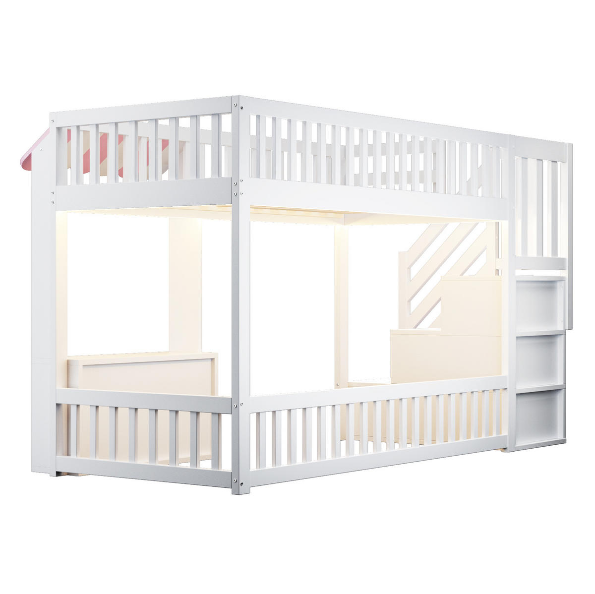 HOCHBETT aus Kiefernholz und MDF 90x200 cm Rosa/Weiß mit Stauraumtreppe, Schrank und LED-Beleuchtung - Weiß, Holz (90/200cm) - Modfu
