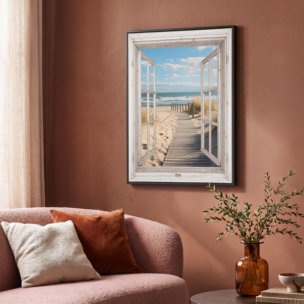 LEINWAND Bilder mit Rahmen - Fenster - Meer - Küste - Natur - Ausblick - Strand - Wattenmeer - 70x100 - Beige, Textil (70/100cm) - MuchoWow