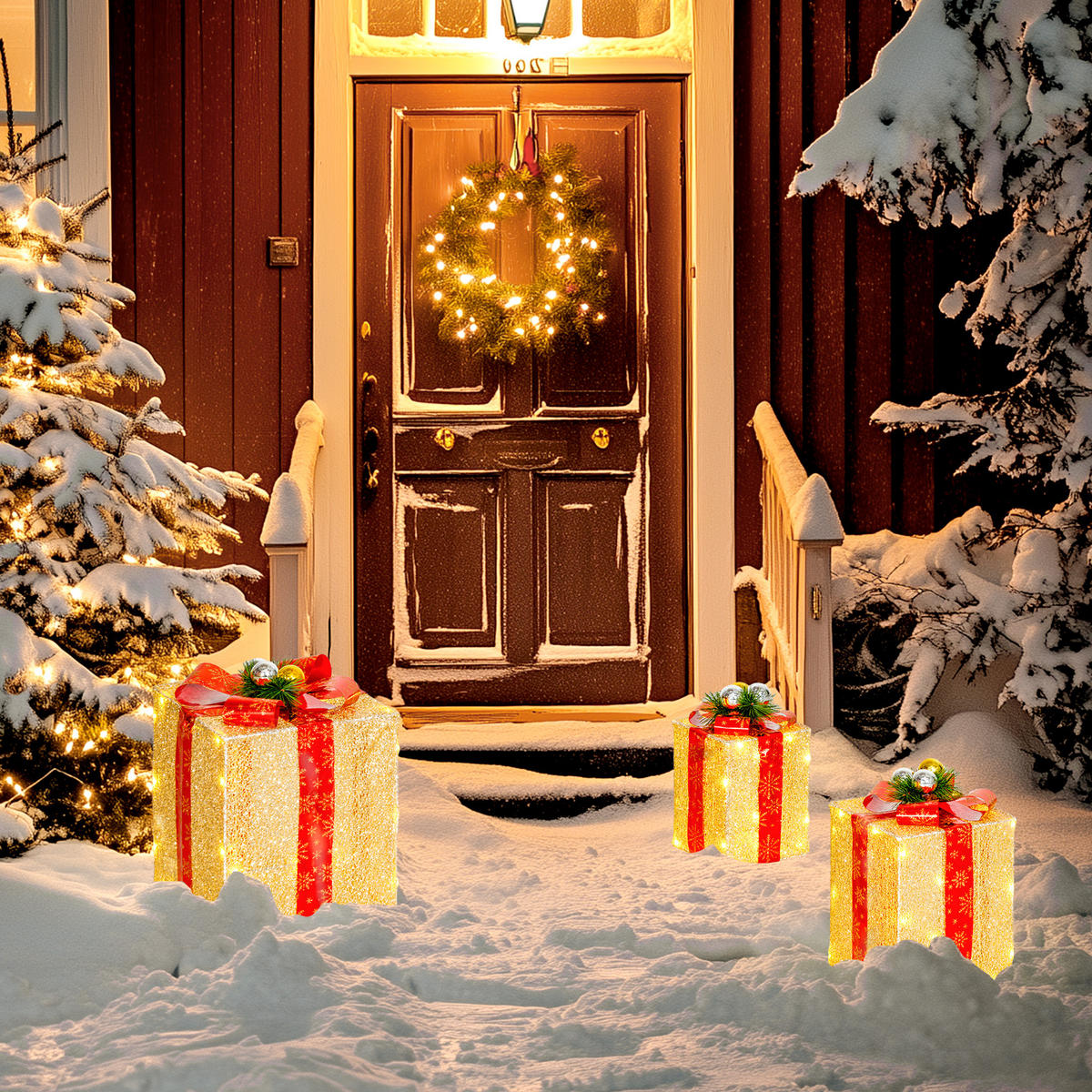 WEIHNACHTS-GESCHENKBOXEN-SET für Innen- und Außendekoration, mit 58 LED-Lichtern, Goldton - Goldfarben, Kunststoff/Metall (25.5/35/25.5cm) - Outsunny