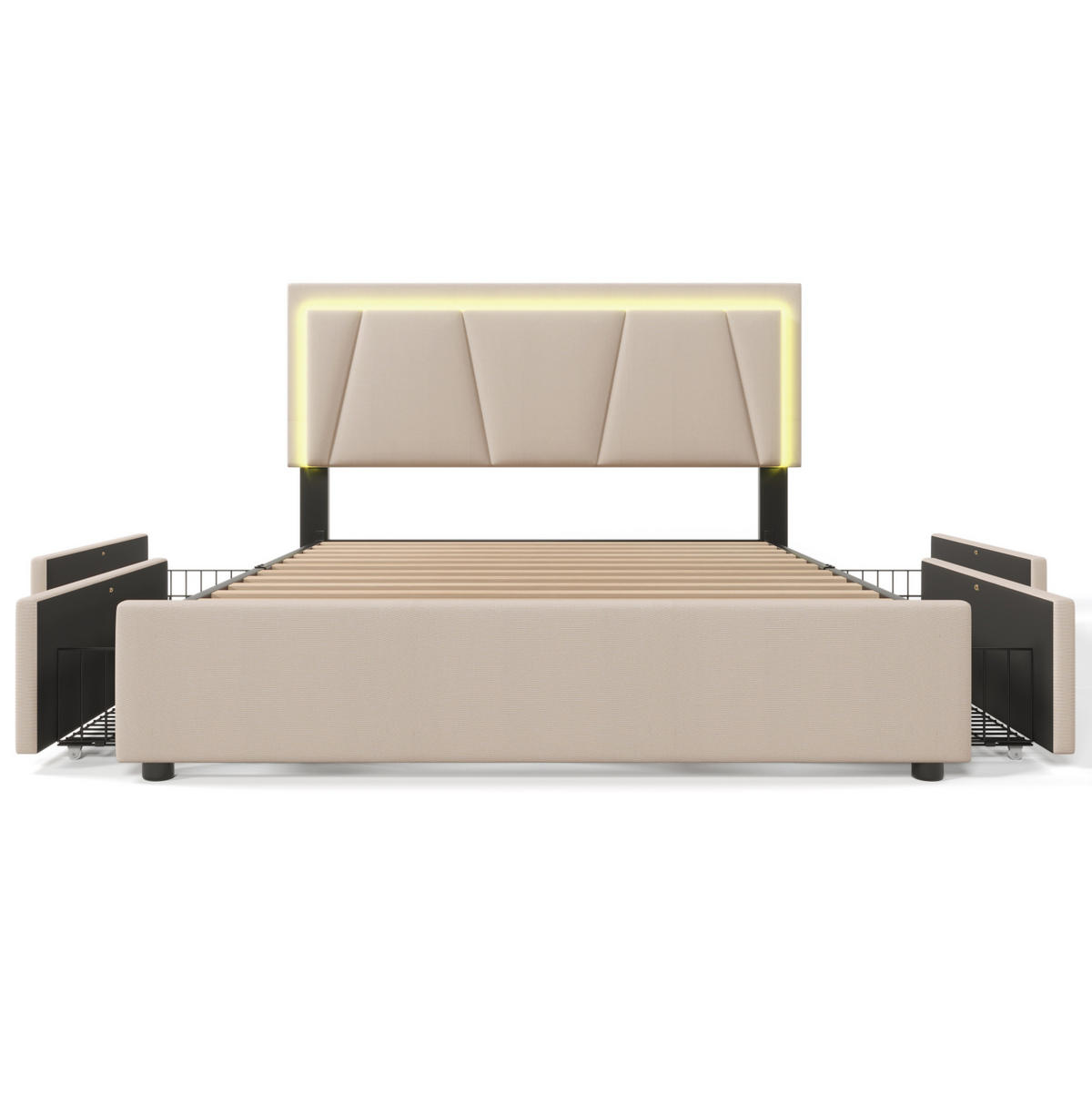 POLSTERBETT mit LED-Beleuchtung 140/200 cm mit 4 Schubladen & verstellbarem Kopfteil - Beige, Holz (140/200cm) - BEAOK