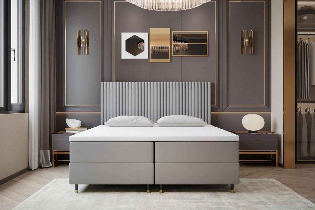 BOXBETT 160 x 200 cm mit Taschenmatratze ESTEPONA, Bettkästen mit Gasdruckfedern, Elegants gepolsterte Kopfstütze und Topper, Grau - Grau, Holz/Textil (160/200cm) - Trada