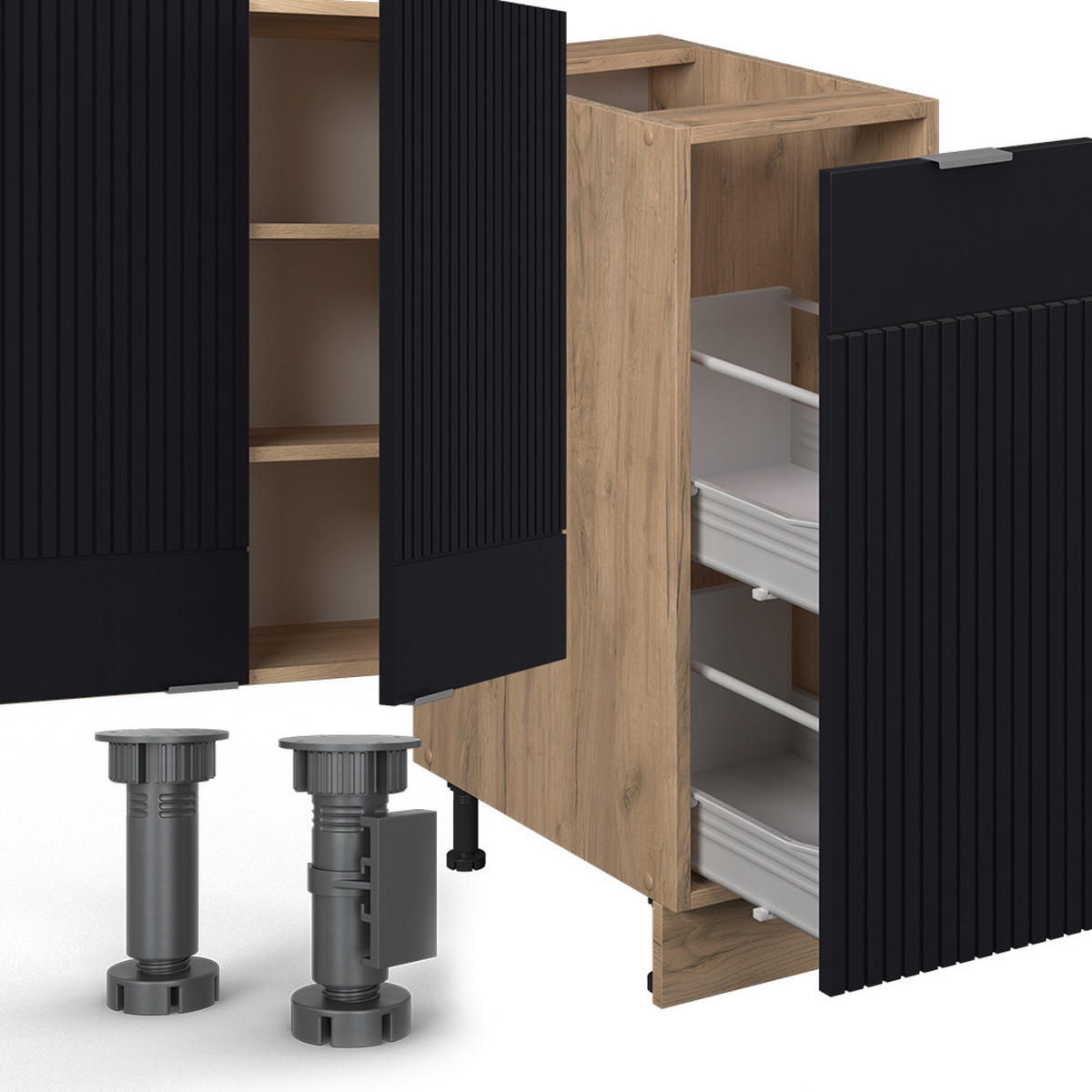 KÜCHENZEILE Fame-Line, Schwarz gestreift/Goldkraft Eiche, 280 cm, AP Eiche - Honigeiche/Schwarz, Holzwerkstoff (280/81.6/60cm) - Vicco