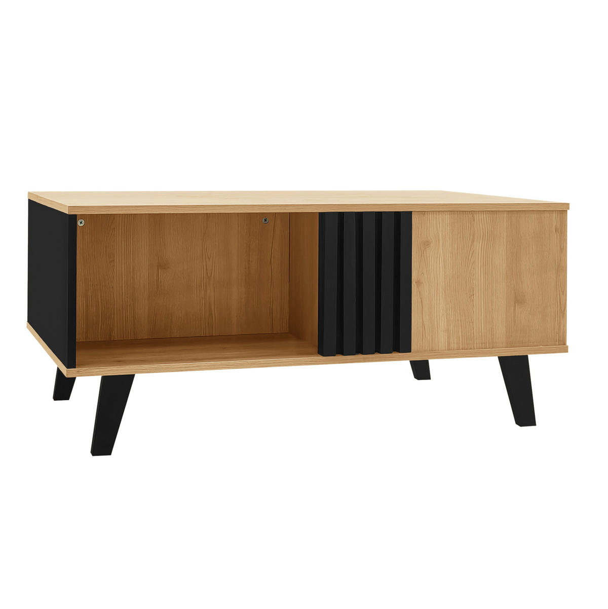 COUCHTISCH, Glas & Spanplatte, naturfarbene Platte mit schwarzen Beinen, großes Staufach, 100/60/45 cm, Schwarz und Holz - Naturfarben, Holzwerkstoff (100/60/45cm) - Redom