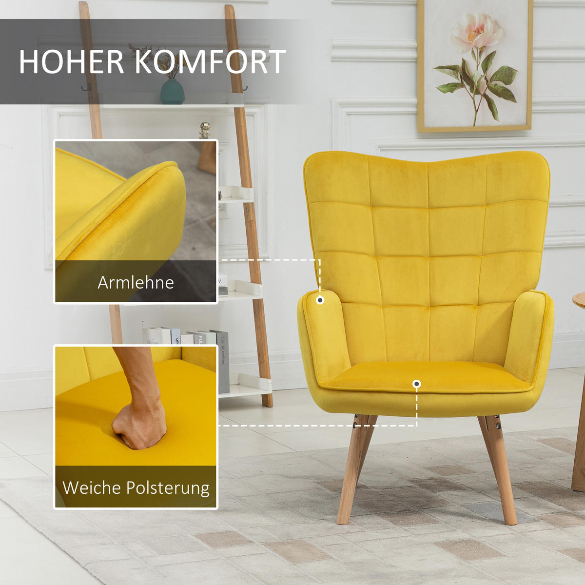 SESSEL mit Samtoptik, Gelb - Gelb, Textil (71/101/76cm) - HOMCOM
