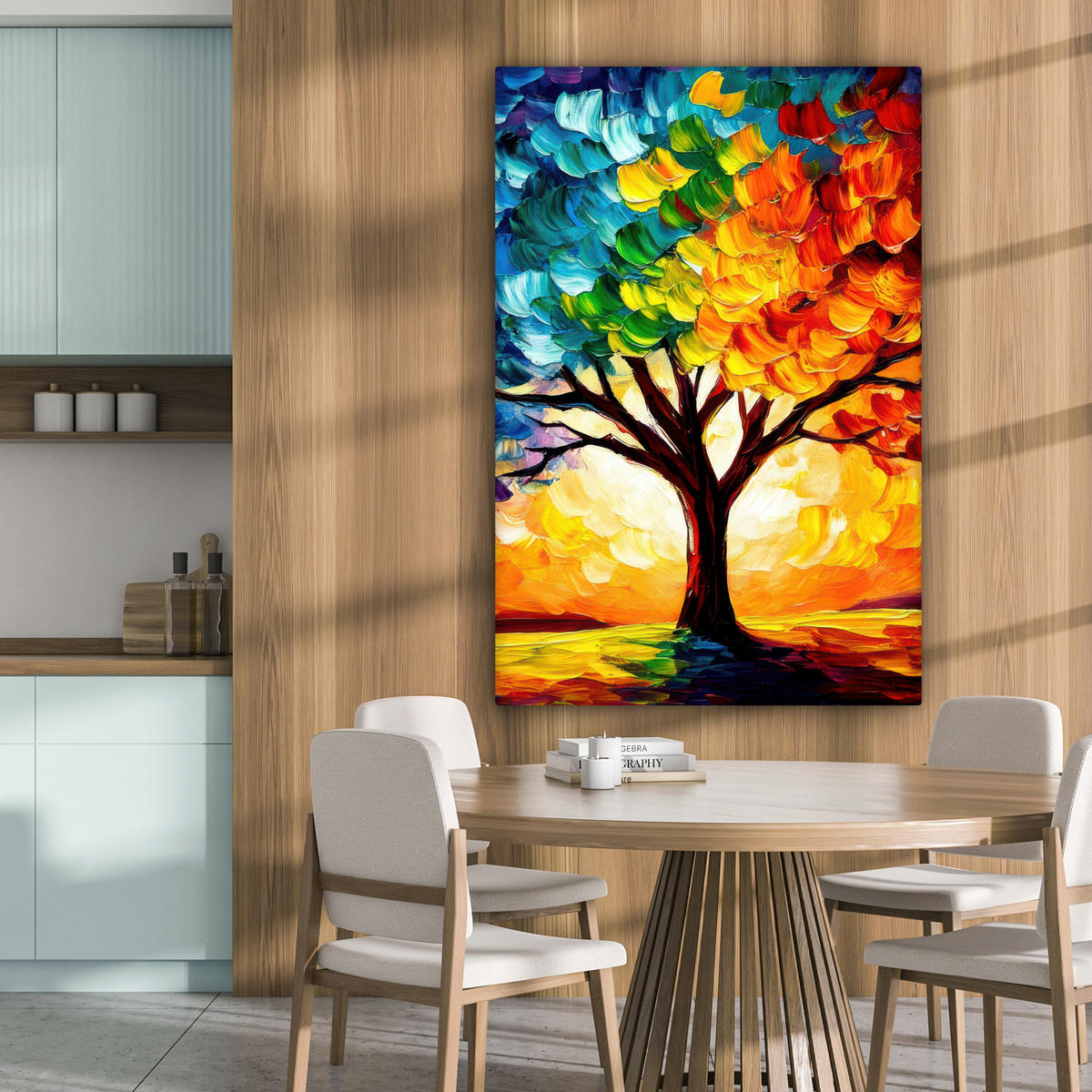 LEINWANDBILD - Baum - Kunst - Natur - Sonnenuntergang - 80x120 - Wanddeko - Multicolor, Textil (80/120cm) - MuchoWow