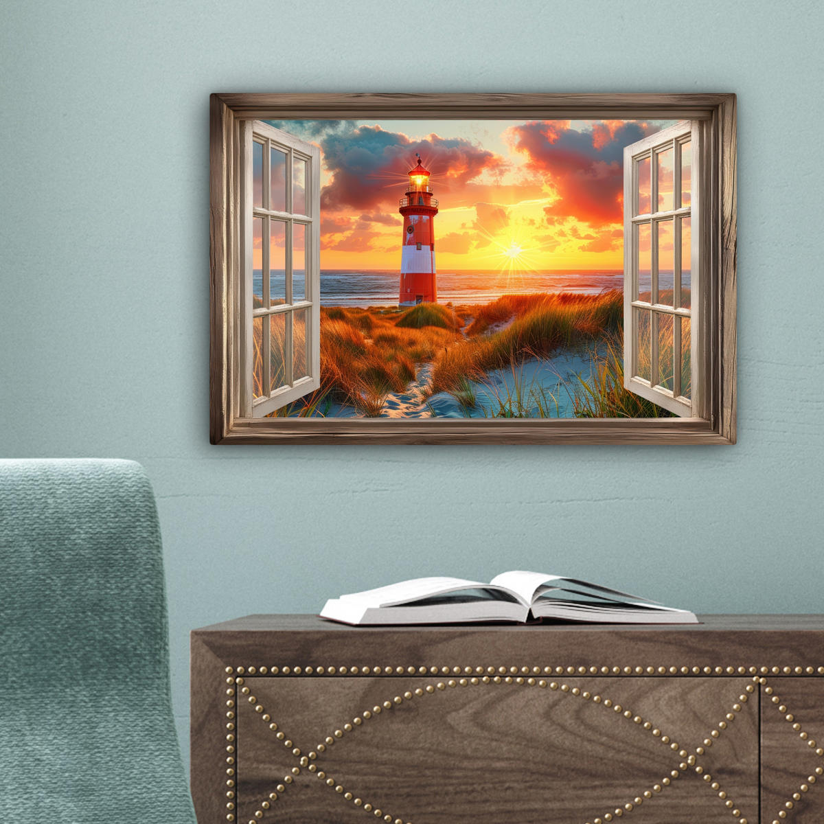 LEINWANDBILD Aussicht - Fenster - Leuchtturm - Sonnenuntergang - Strand Deko Schlafzimmer 30x20 cm - Dunkelorange, Textil (30/20cm) - MuchoWow