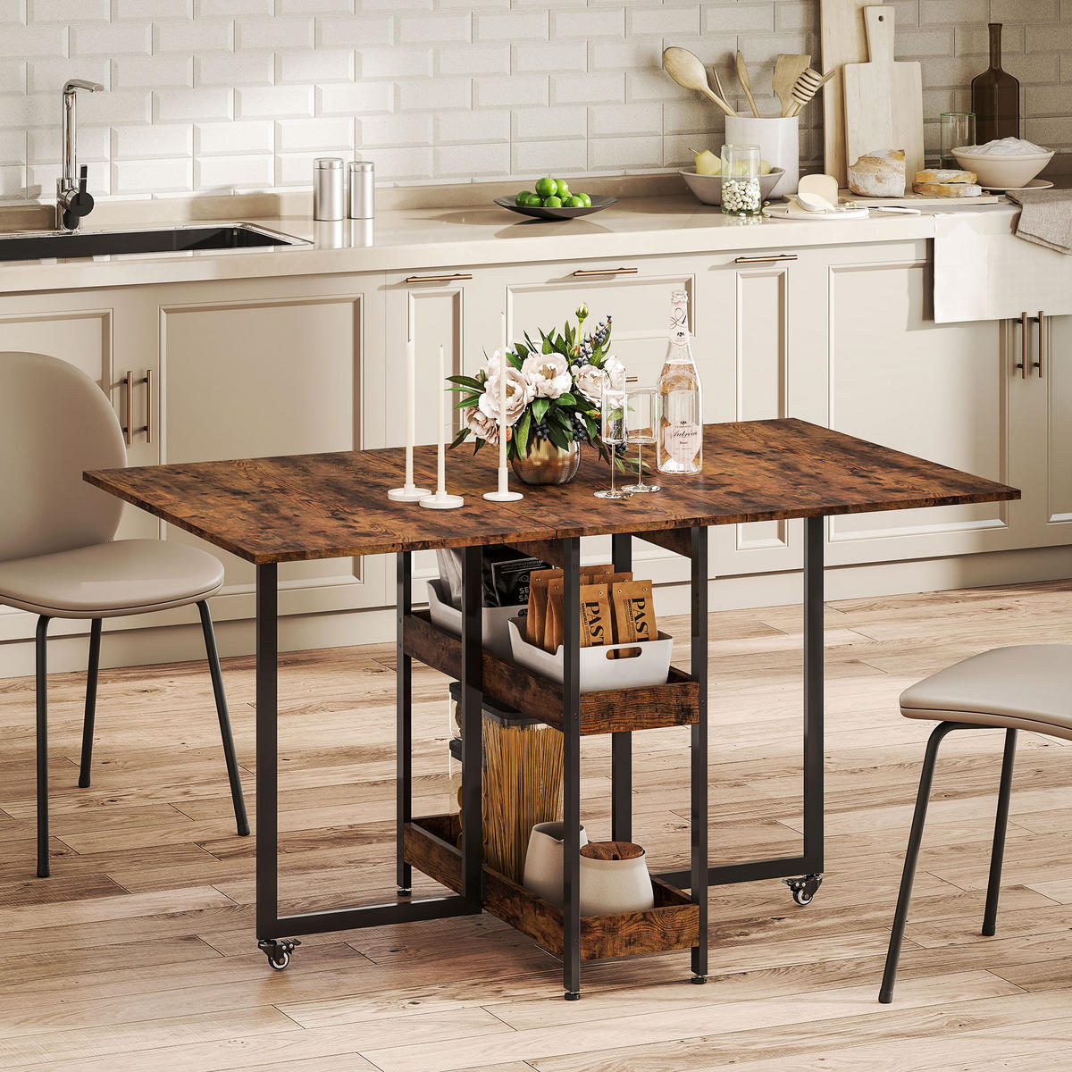 ESSTISCH Klappbar Küchentisch für 2-4 Personen mit 2 Offenen Ablagen, Rollen - Braun, Holz (133.4/80/75cm) - HOMCOM