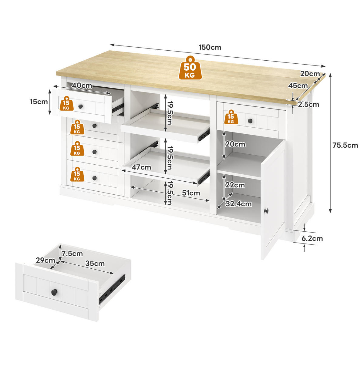 BUFFET 150/65/75,5 cm natur/weiß aus MDF mit Klappplatte und Steckdosen - Naturfarben, Holzwerkstoff (150/75.5/65cm) - OKWISH