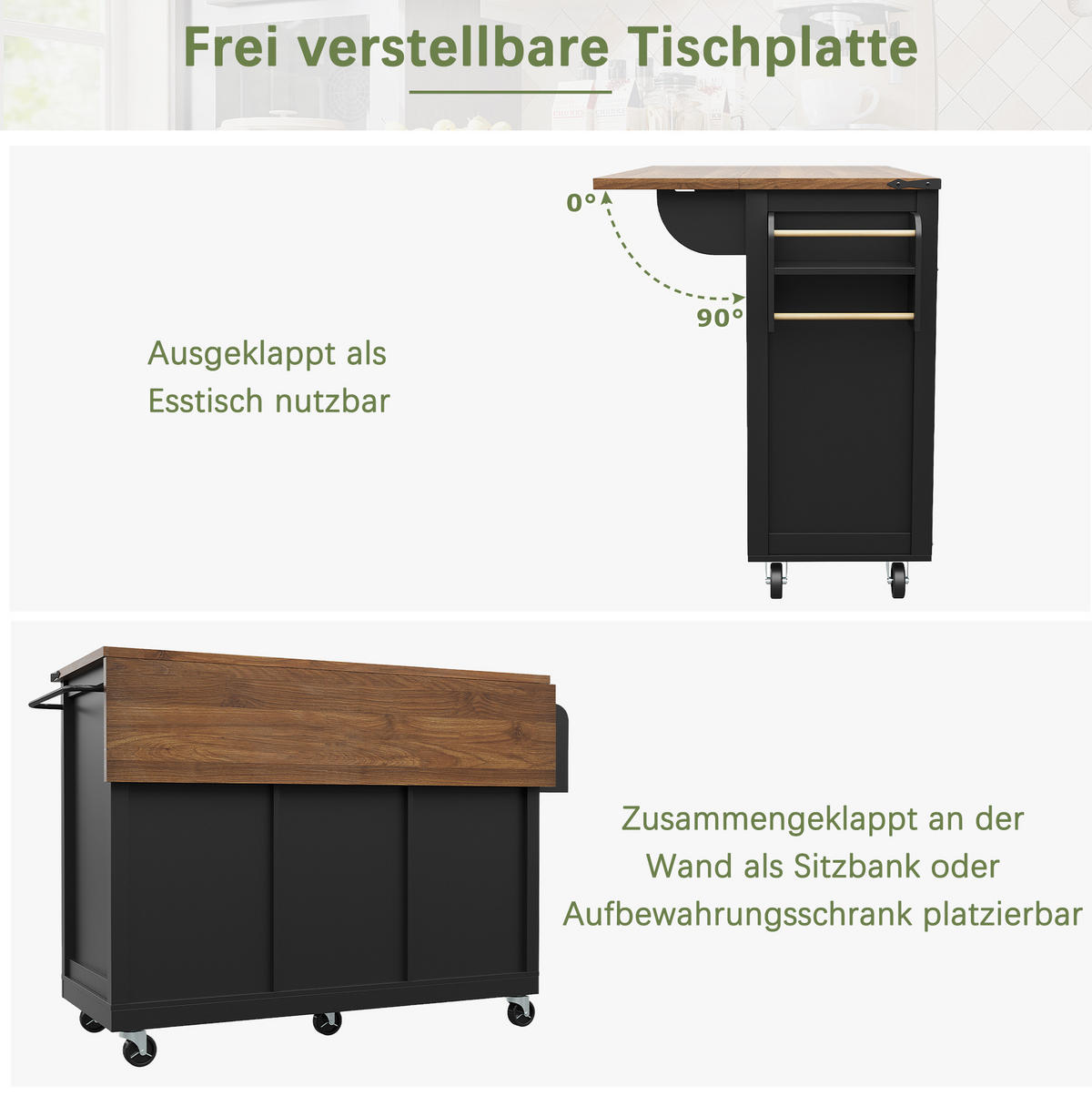 KÜCHENINSEL 140/45/94 cm aus MDF mit ausklappbarer Arbeitsplatte Schwarz - Schwarz, Holzwerkstoff (140/94/73cm) - Modenvie