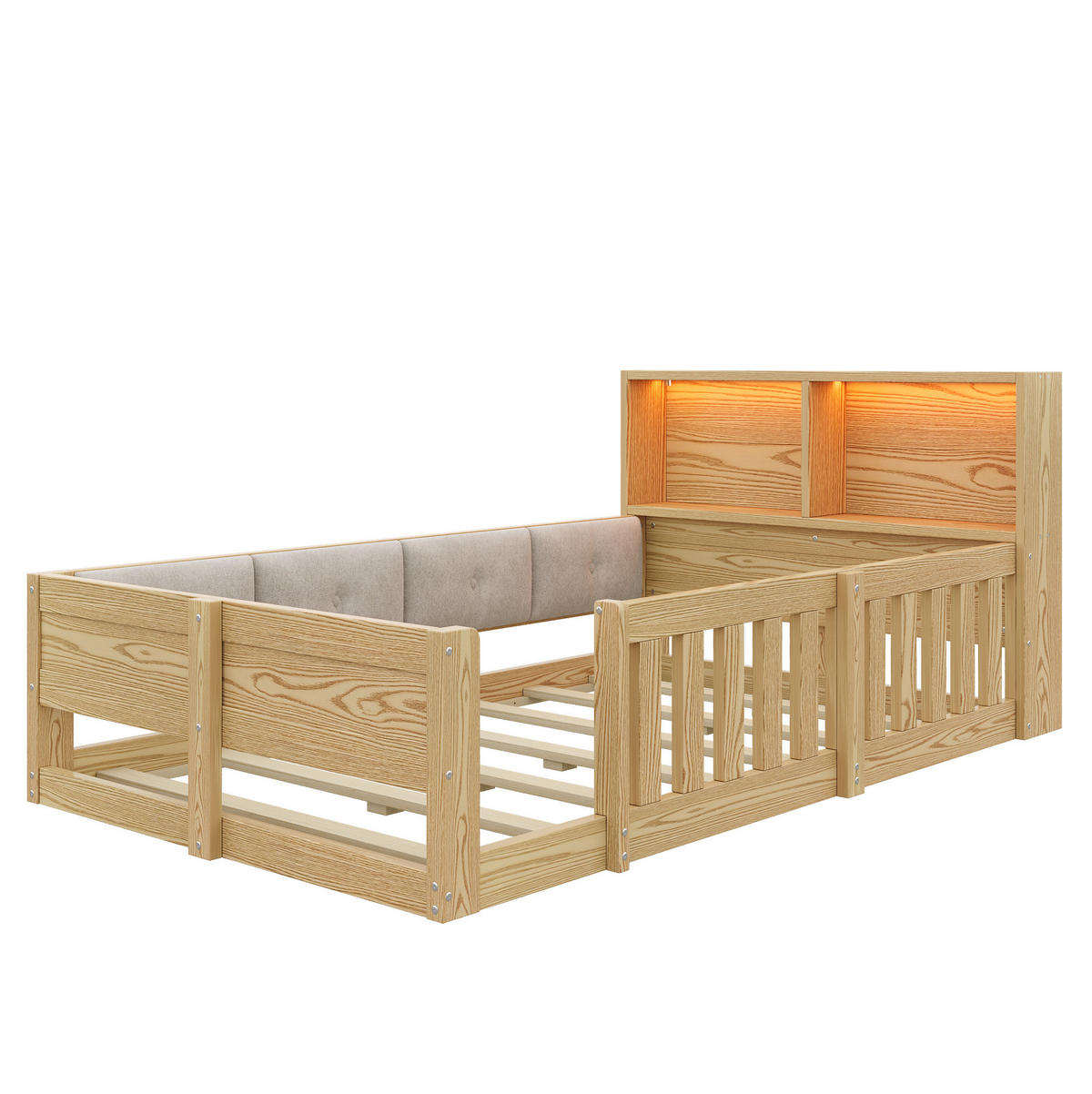 KINDERBETT aus Spanplatte & Plüsch 90x200 cm Natur mit Sicherheitsgitter, LED und Stauraum - Naturfarben, Holzwerkstoff (90/200cm) - Modfu