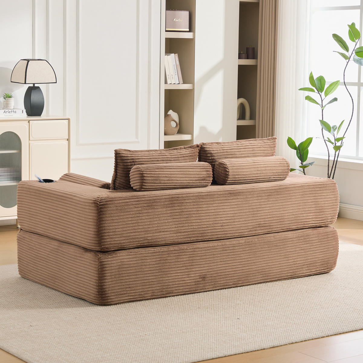 SCHLAFSOFA mit Cordbezug, Memory-Kissen, Getränkehalter und Seitentaschen - Braun, Textil (180/80/98cm) - EVRYAE