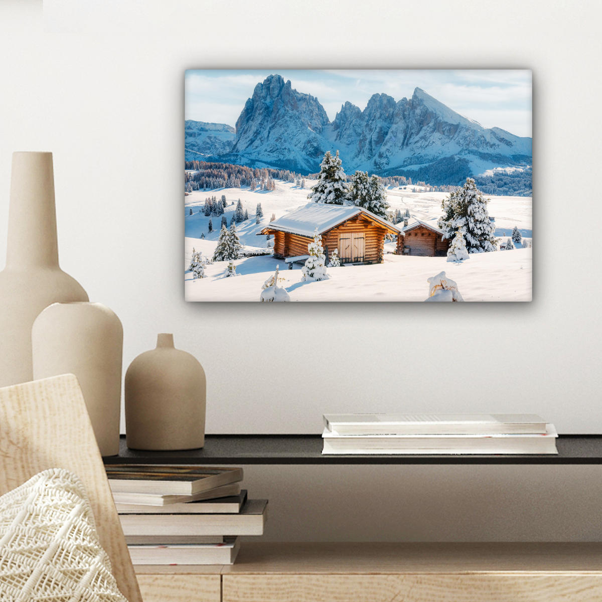 LEINWANDBILD Winter - Hütte - Berge - Aussicht - Schnee Deko Schlafzimmer 30x20 cm - Eichefarben, Textil (30/20cm) - MuchoWow