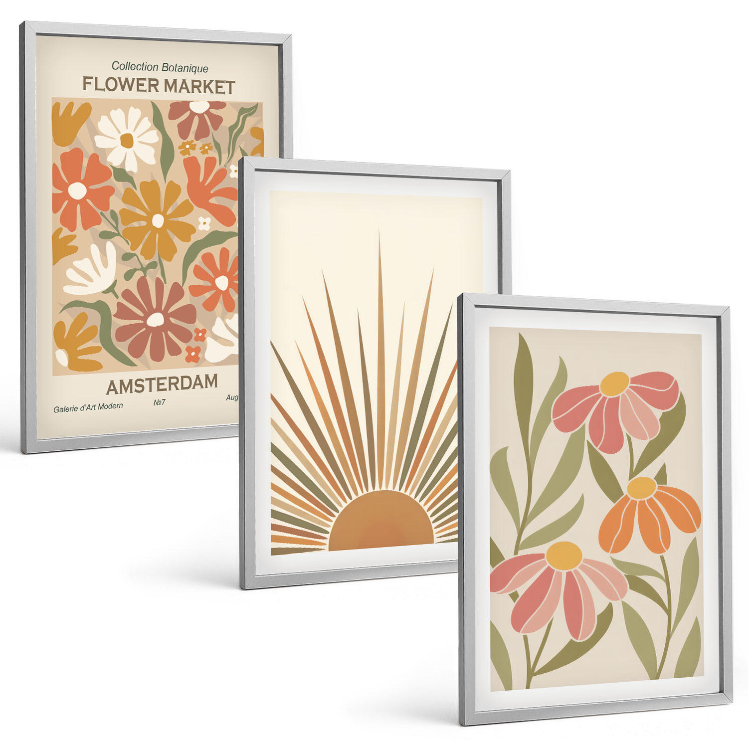 BILDER SET 3er Set - 40x60 cm Silberner Rahmen - Pastellfarbene Sonnenblumen - Silberfarben, Kunststoff (40/60cm) - TULUP