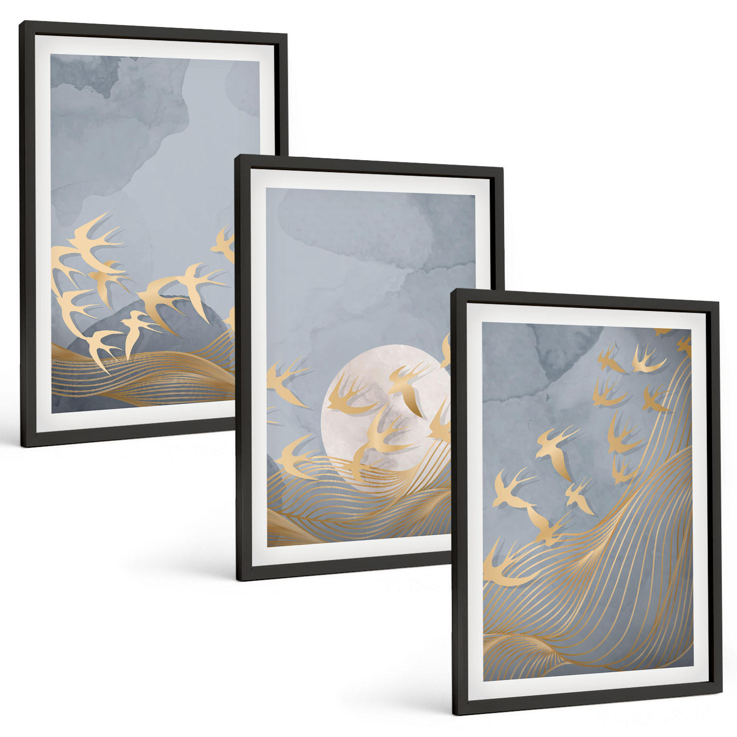 BILDER SET 3er Set - 40x60 cm Schwarzer Rahmen - Vögel, die am Himmel fliegen - Schwarz, Kunststoff (40/60cm) - TULUP