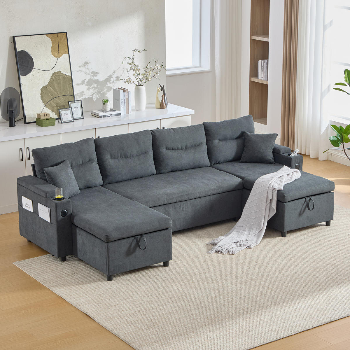 SCHLAFSOFA 4-Sitzer mit Chaiselongues, USB und Stauraum, Dunkelgrau - Dunkelgrau, Textil (272/86/136cm)