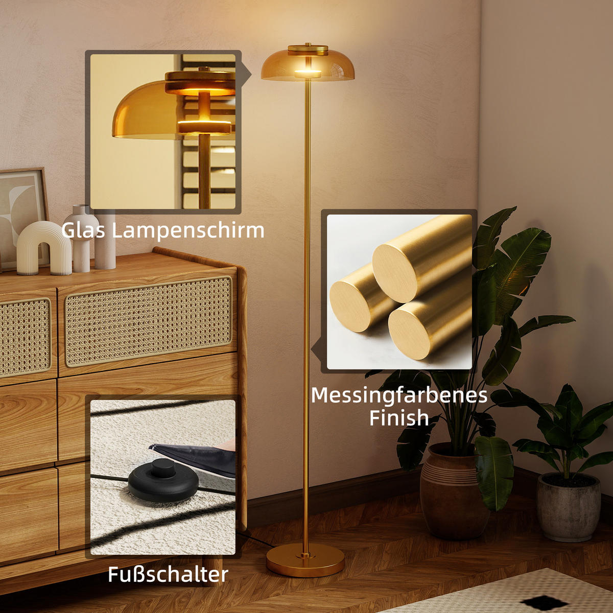 STEHLAMPE warmem Licht Led Fußschalter - Goldfarben, Metall (25/25/134cm) - HOMCOM