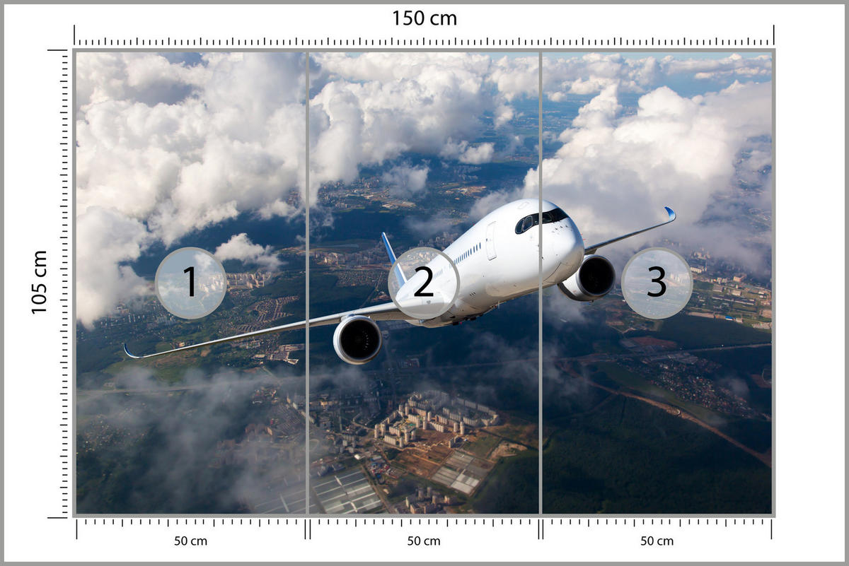 FOTOTAPETE für Jugendzimmer Flugzeug Start Wolken Himmel 150x105 - Blau/Beige, Papier (150/105cm) - Muralo