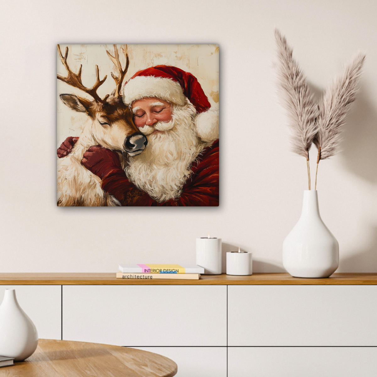 LEINWANDBILD Weihnachtsmann - Rentier - Weihnachten Wandbild Wohnzimmer 50x50 cm - Rotbraun, Textil (50/50cm) - MuchoWow