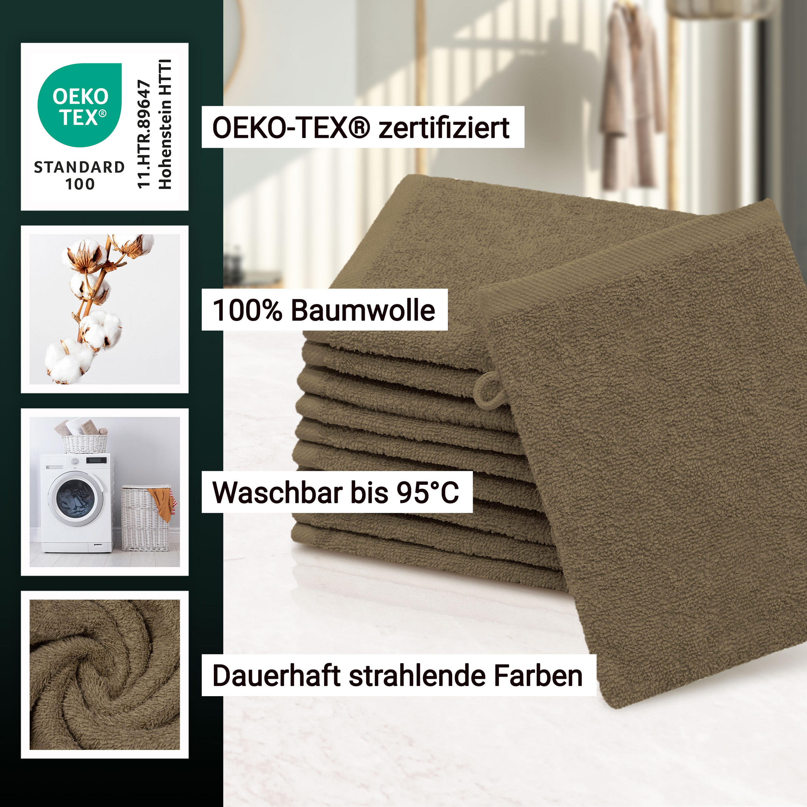 WASCHHANDSCHUH, 10er-Set, 16x21 cm, 100% Baumwolle, Braun - Braun, Textil (16/21cm) - Zollner