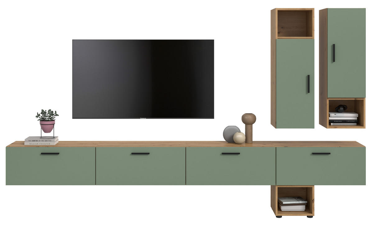 WOHNWAND grün, Eiche Artisan 300 cm, Wohnkombination hängend / stehend - Schwarz/Eiche Artisan, Holzwerkstoff/Kunststoff (300/178/34cm) - Inn.Furn