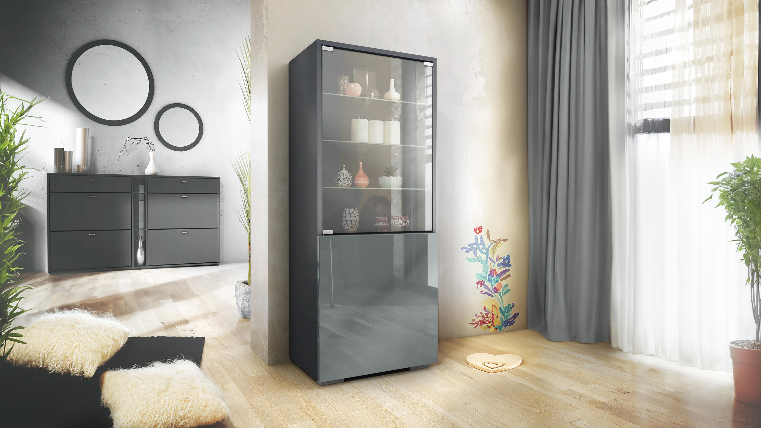 VITRINE Granada Grau Hochglanz - Grau, Holzwerkstoff (50/122.5/34.5cm) - Vladon