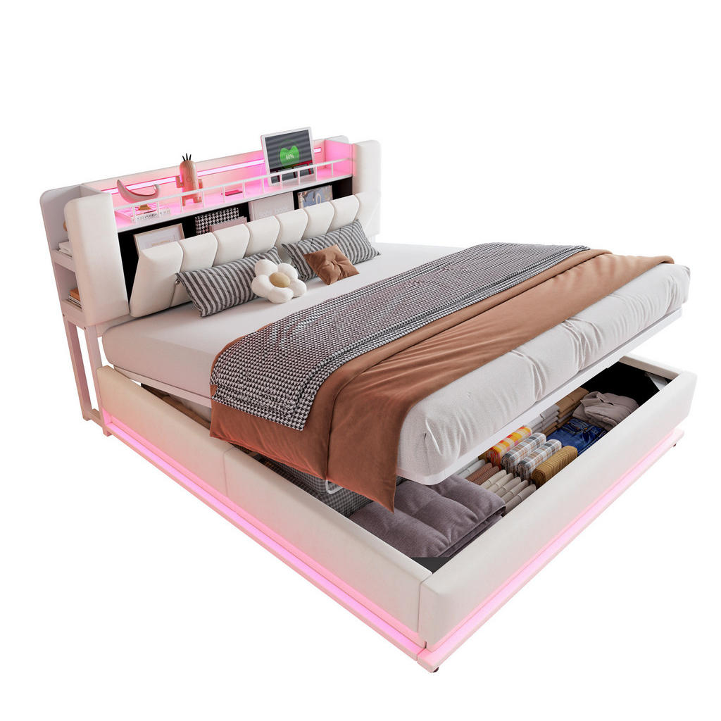Modfu ČALOUNĚNÁ postel z MDF, kovu a sametu 180x200 cm béžová s LED osvětlením, USB a hydraulickým úložným prostorem