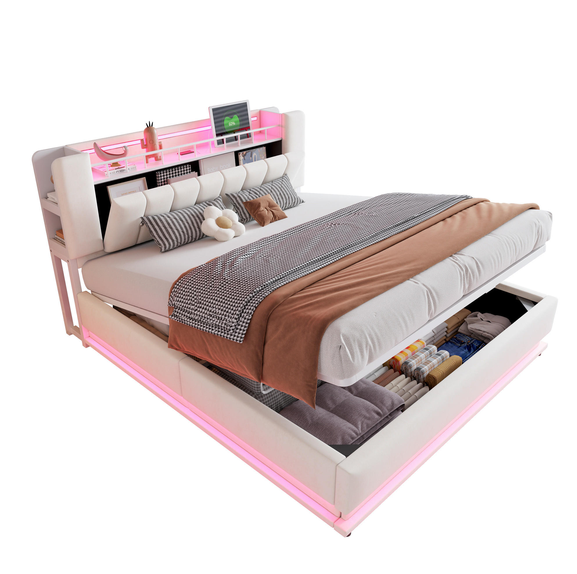 POLNJENA postelja iz MDF, kovine in tkanine 180x200 cm bež z LED osvetlitvijo, USB priključki in hidravličnim prostorom - bež, tekstil (180/200cm) - Modfu