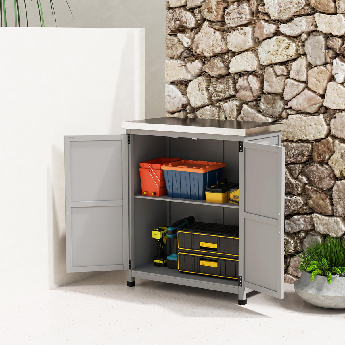 GARTENSCHRANK Holz Grau - Grau, Holz (43/92/79cm) - Outsunny