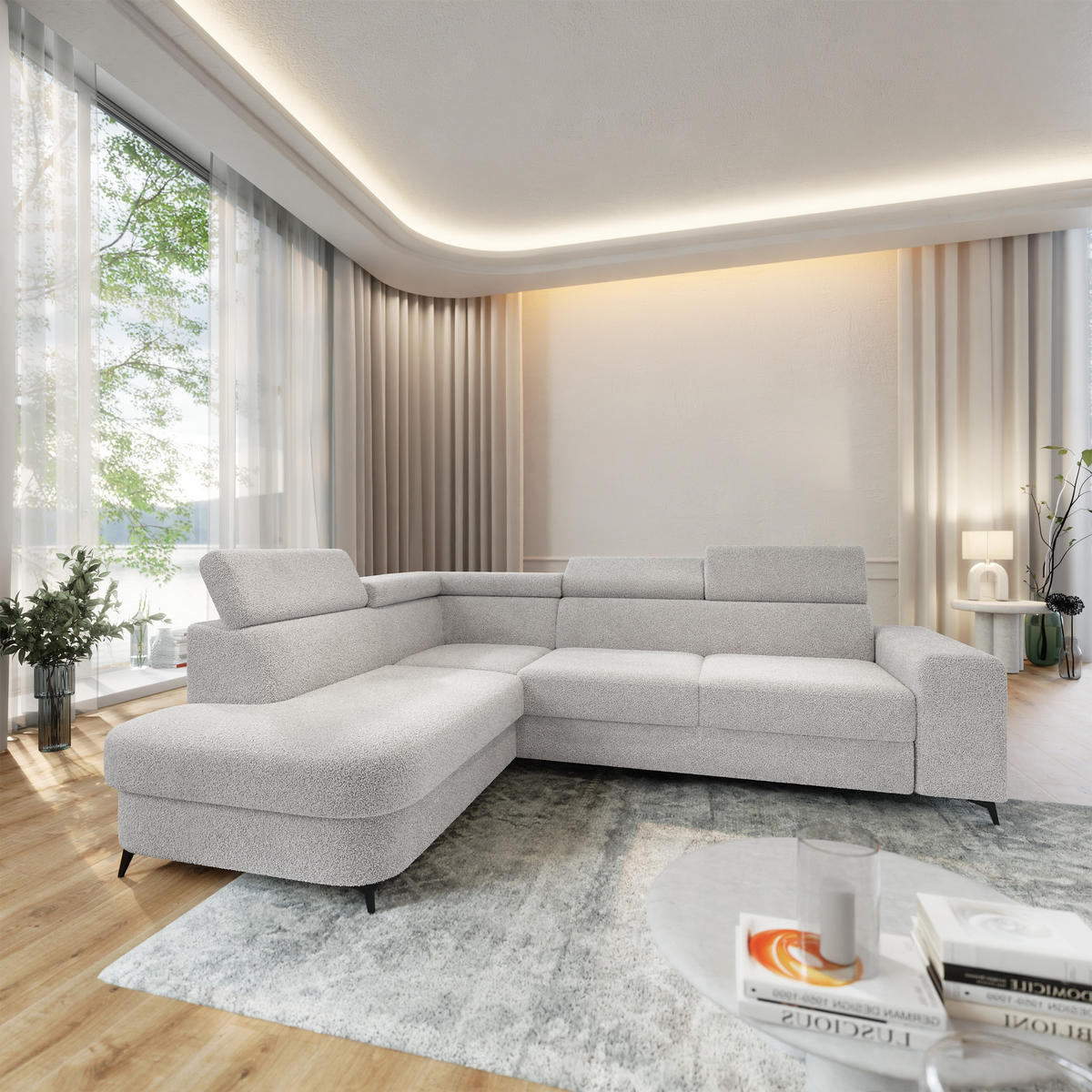 ECKSOFA ALVORO L-S Hellgrau Boucle-Stoff mit Schlaffunktion - Hellgrau, Holz (253/190cm) - MASSENO