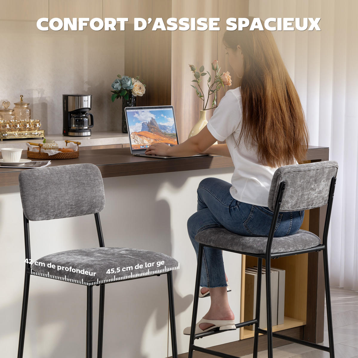 BARHOCKER 2er-Set DE-14793 gepolstert mit Chenille-Bezug Grau - Grau, Metall (45.5/101/48cm) - ComfortXL